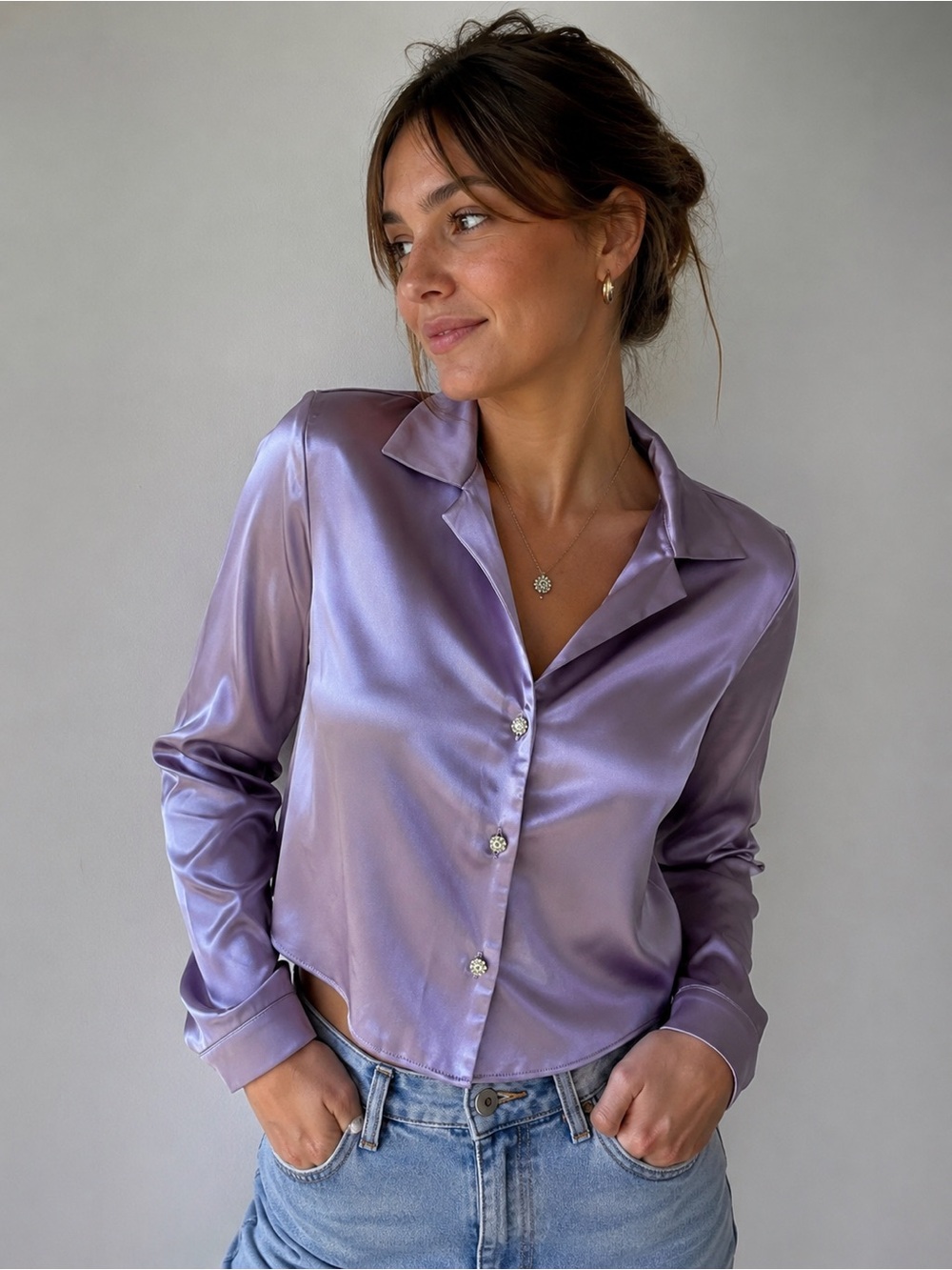 Sweet Rain Satin Lavender Cropped Button-Down Blouse